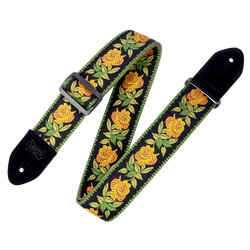 Levy's 2" Woven Guitar Strap With Cotton Backing And Suede Leather Ends. Black Plastic Loop And Slide. Adjustable from 35" to 60". Yellow Floral Pattern With Black Suede Leather Ends.